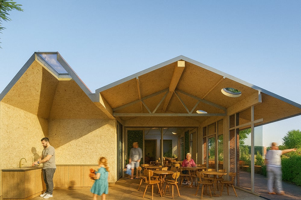 Sustainable CLT-framed tennis clubhouse in London with openable walls to a covered terrace, outdoor kitchenette and natural timber interiors. Designed for fast prefabricated construction.