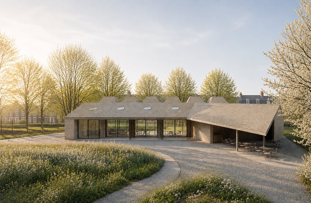Render of a low single-storey tennis pavilion with pale brick walls and a tiled pitched roof carrying four circular rooflights and a row of sawtooth monitor rooflights. Full-height glazing opens the club room to a terrace, a canopy shelters café tables, set in a wildflower meadow with trees in blossom. RISE Design Studio.