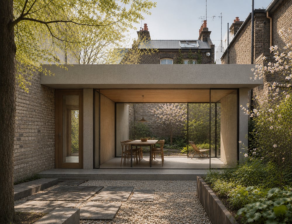Rear extension to a Victorian London house, featuring textured mineral-render walls, a deep concrete roof overhang, and ultra-minimal frameless sliding glass doors. Warm timber-lined interiors glow in the spring morning sunlight, with a centrally positioned dining table, stone flooring, and a secluded garden framed by soft planting and mature trees. A glazed side door provides a visual connection through the original house, creating a calm and atmospheric indoor-outdoor living space.