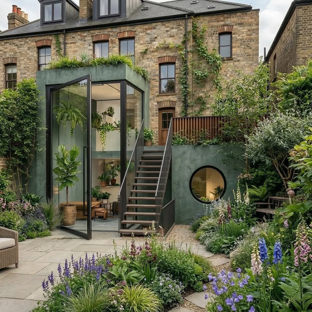 Contemporary EnerPHit rear extension Notting Hill Victorian terrace, green pigmented render, full-height glazing, planted roof, London architect RISE Design Studio