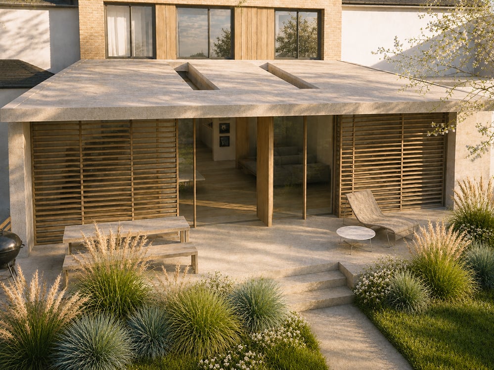 A contemporary house extension with full-height sliding glazing framed by adjustable timber louvred screens and a deep stone-coloured roof overhang, opening onto a planted terrace with grasses and steps down to the garden in low sun. RISE Design Studio.