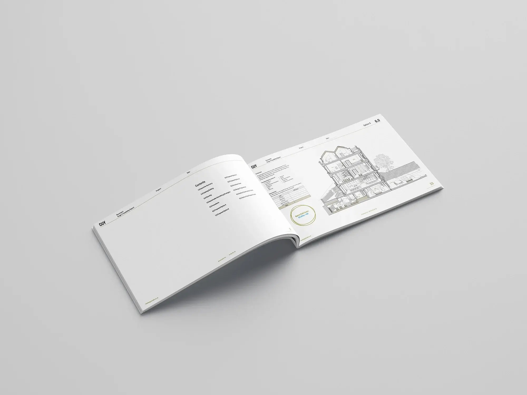 A feasibility booklet open to a contents page and an Option A summary, showing a detailed cutaway section through a multi-storey London house alongside a schedule of areas and an approximate build cost. RISE Design Studio.