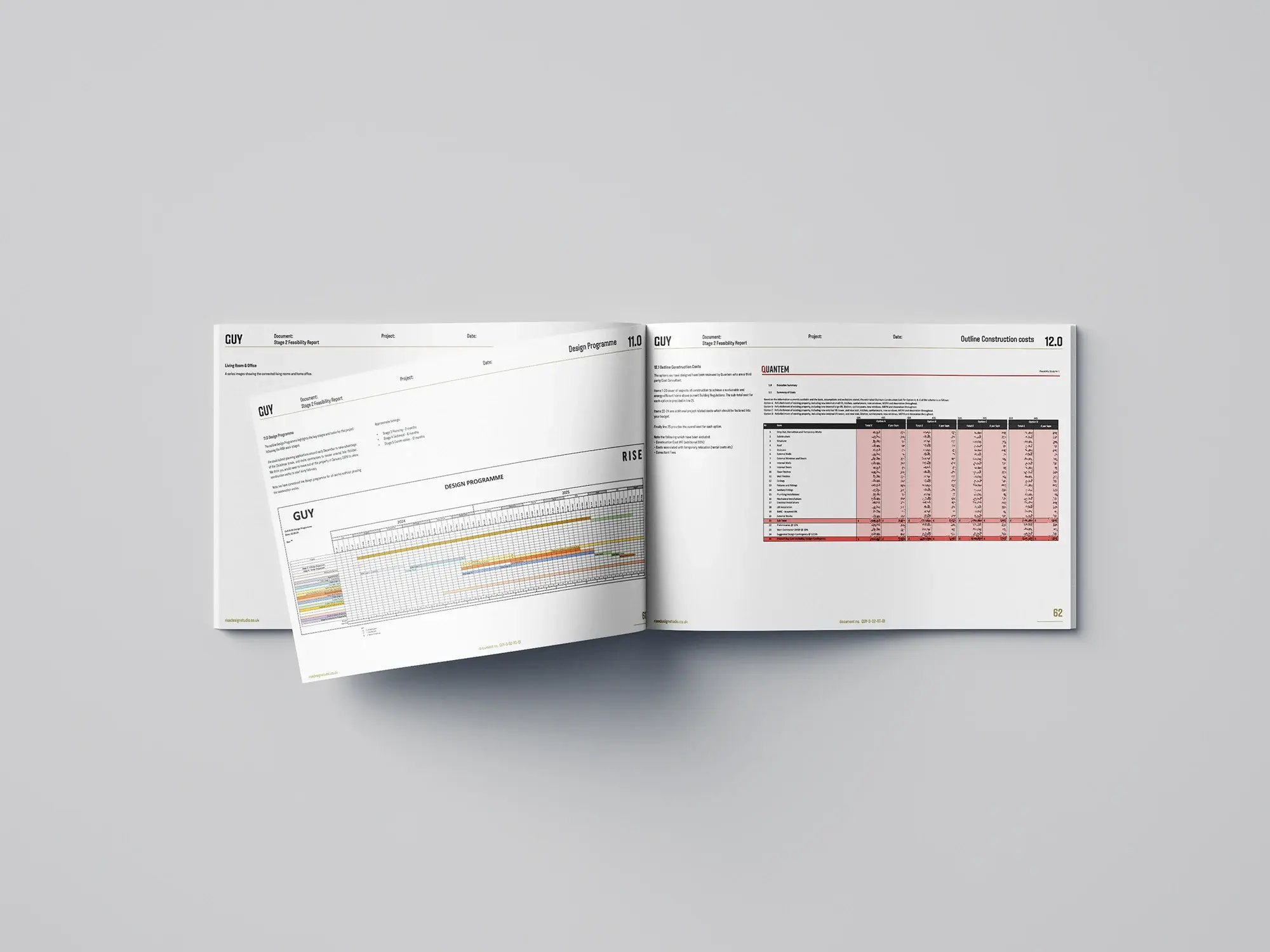 A feasibility booklet open to an outline construction cost summary and a Gantt-chart design programme, setting out budget and the key design and approval stages. RISE Design Studio.
