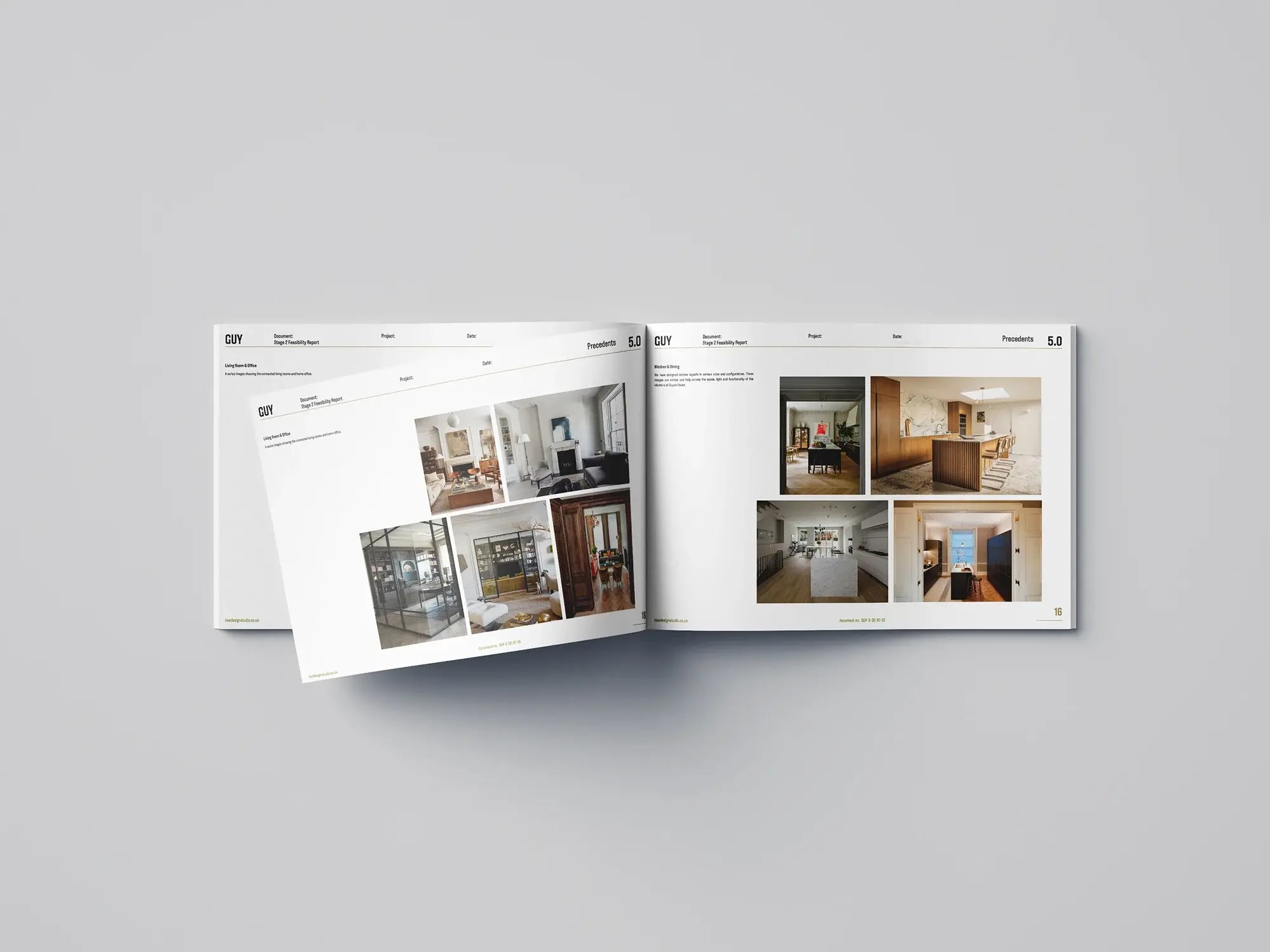 A feasibility booklet open to precedent images for living, kitchen and dining spaces, curated to guide material and design decisions for the project. RISE Design Studio.