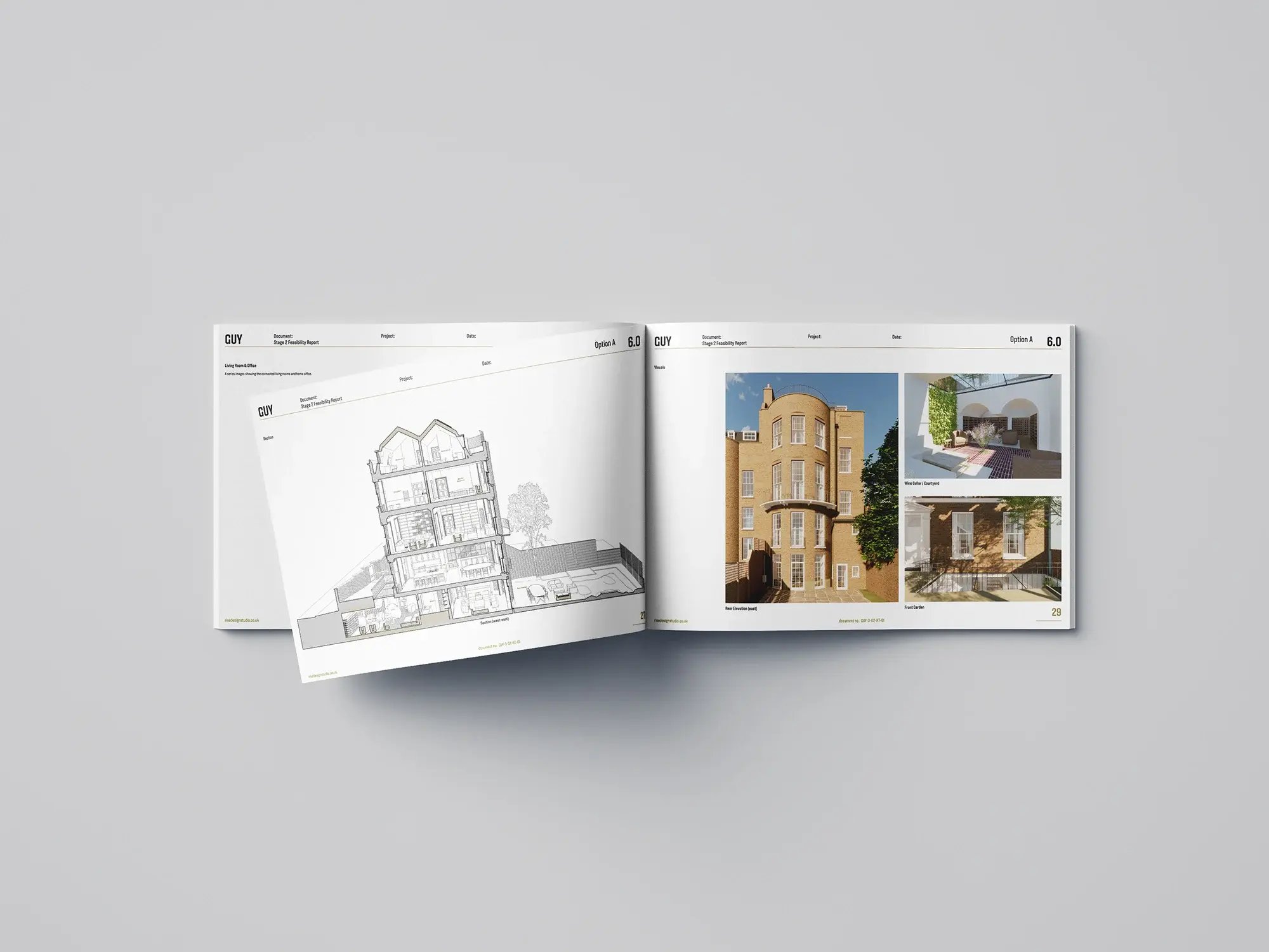 A feasibility booklet open to a long section through a multi-storey London house alongside rendered visuals of the rear elevation, courtyard and front garden, illustrating one design option. RISE Design Studio.
