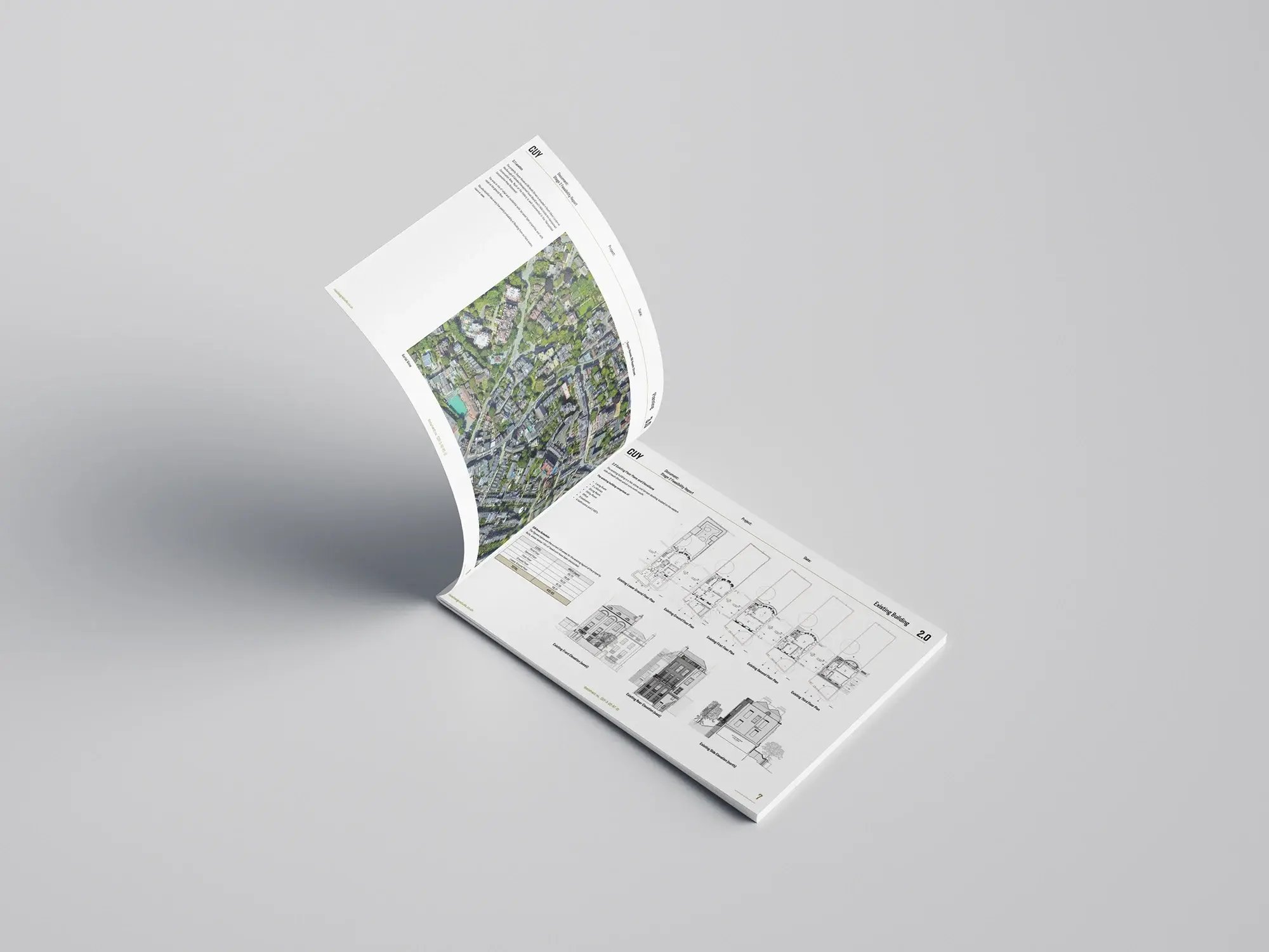 A feasibility booklet showing an aerial site view alongside existing plans, elevations and sections of a London house, used to assess opportunities and constraints. RISE Design Studio.