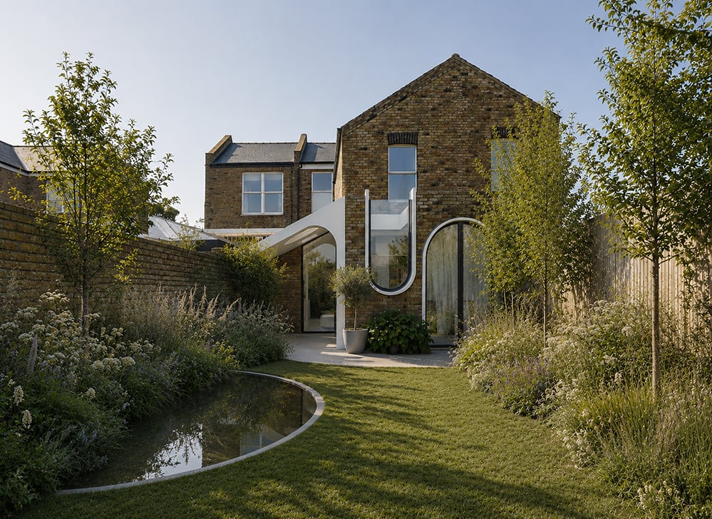 Rear garden view of a Victorian brick terrace in Queen's Park with a contemporary white-framed extension featuring tall arched and U-shaped glazing. A curved pond sits in the lawn, with an olive tree, ornamental grasses and planting along brick walls in evening light. RISE Design Studio.