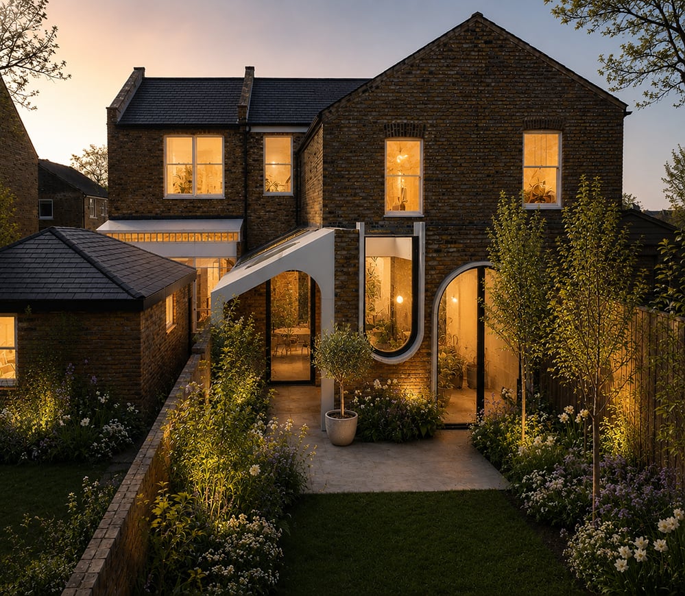 Flower House, a low-energy family home in Queen's Park by RISE Design Studio, with a white arched extension at dusk.
