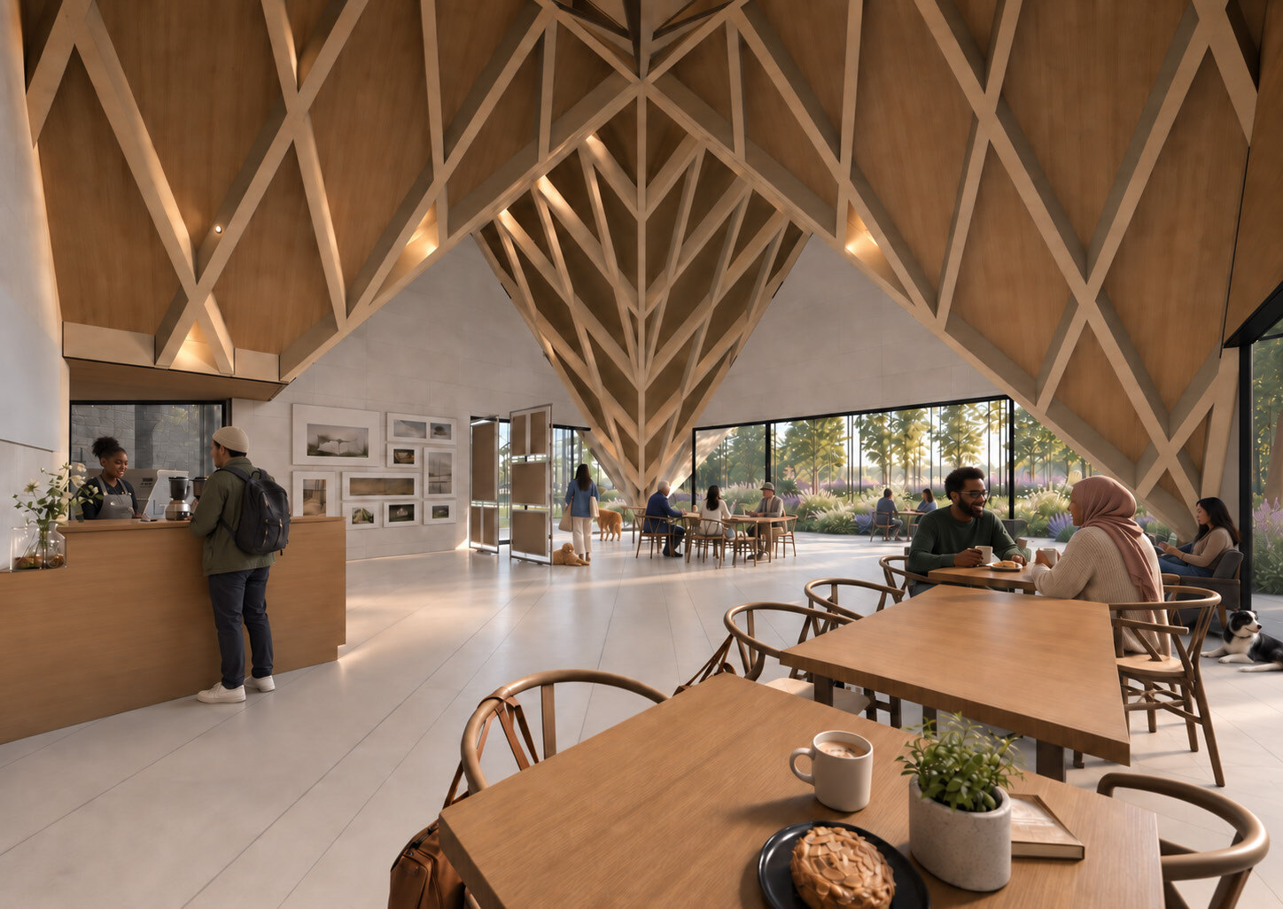 Concept rendering of Four Peaks pavilion between two stone chapels, with a folded slate roof and outdoor café seating.