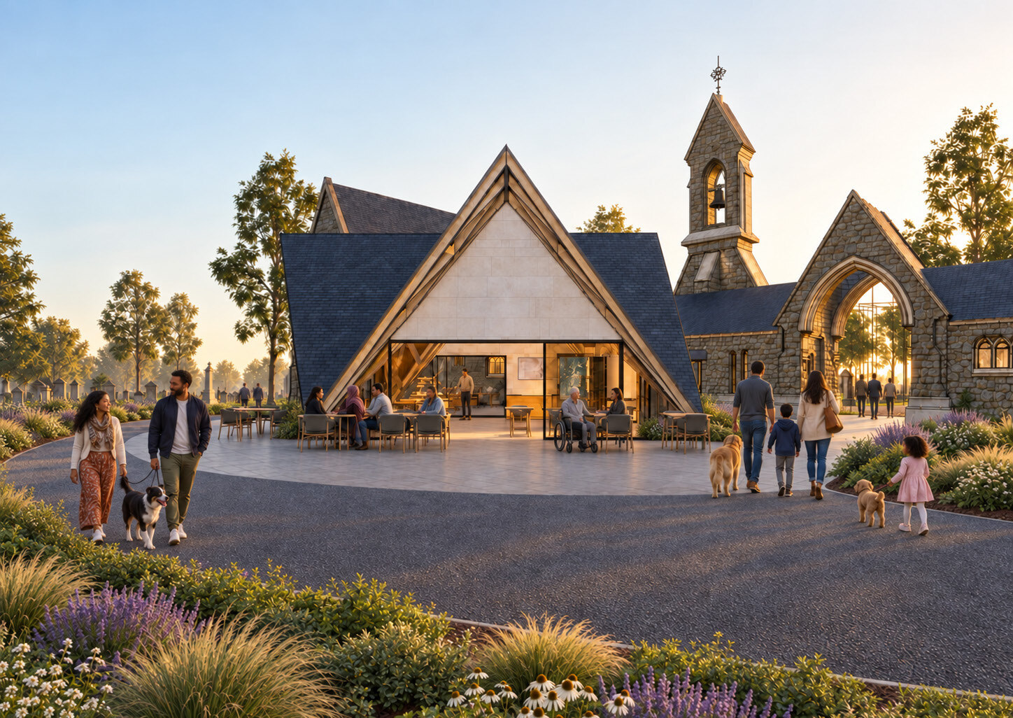 Concept rendering of Four Peaks pavilion between two stone chapels, with a folded slate roof and outdoor café seating.