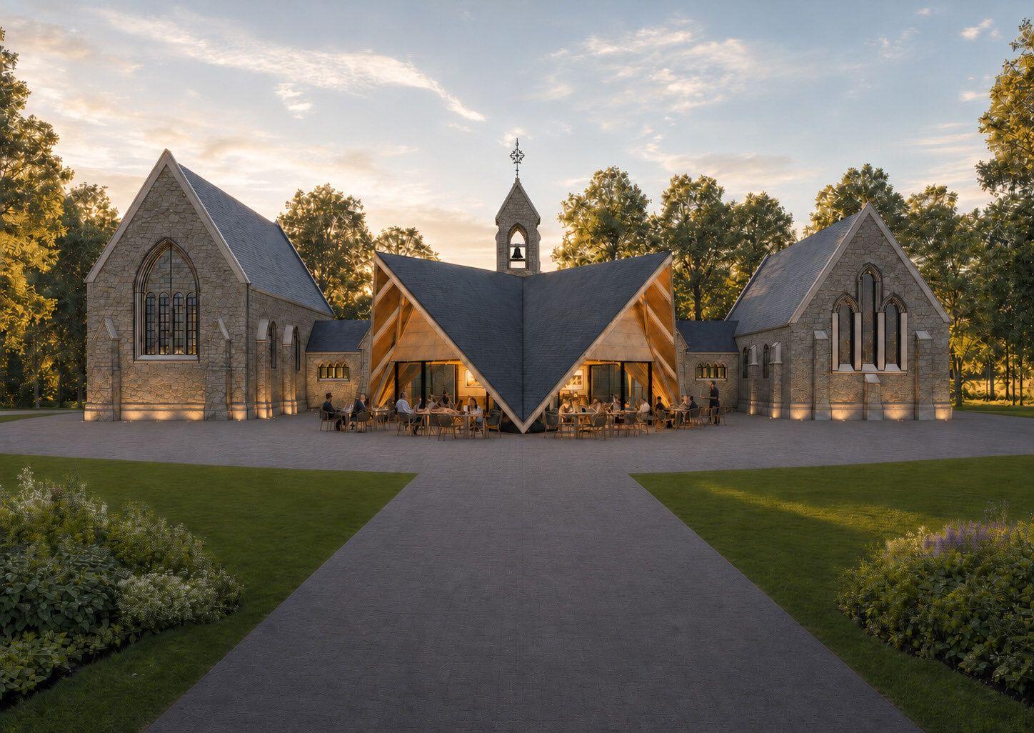 Concept rendering of Four Peaks pavilion between two stone chapels, with a folded slate roof and outdoor café seating.