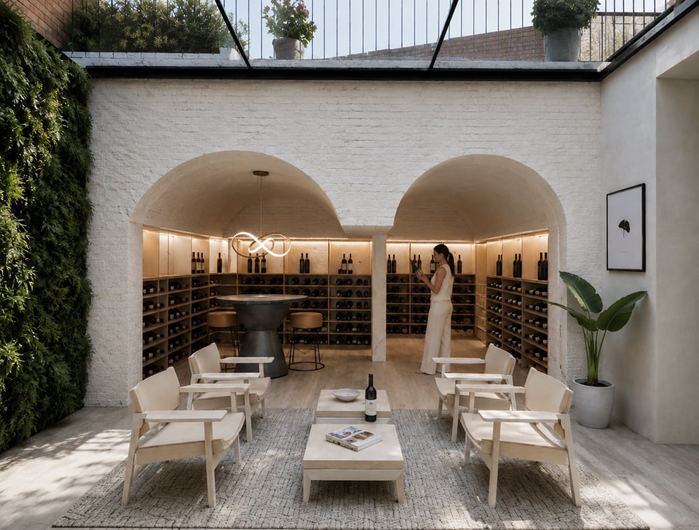 Architectural photograph of a Grade II listed basement excavation in Hampstead by RISE Design Studio, featuring a bespoke wine cellar beneath a walk-on glazed lightwell that brings natural daylight into the lower-ground living space while preserving the historic fabric.
