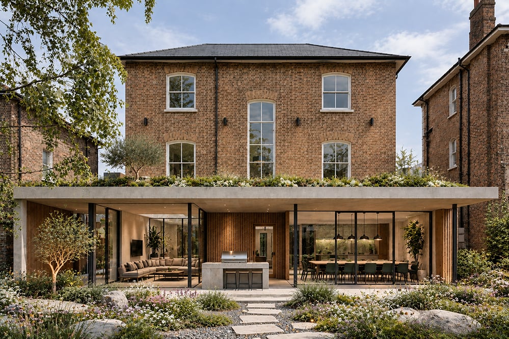 Contemporary Hampstead house extension and retrofit by RISE Design Studio featuring retained Victorian brick architecture, large glazed rear extension, deep cantilevered roof, timber screening, low-energy design, and naturalistic garden planting in North London