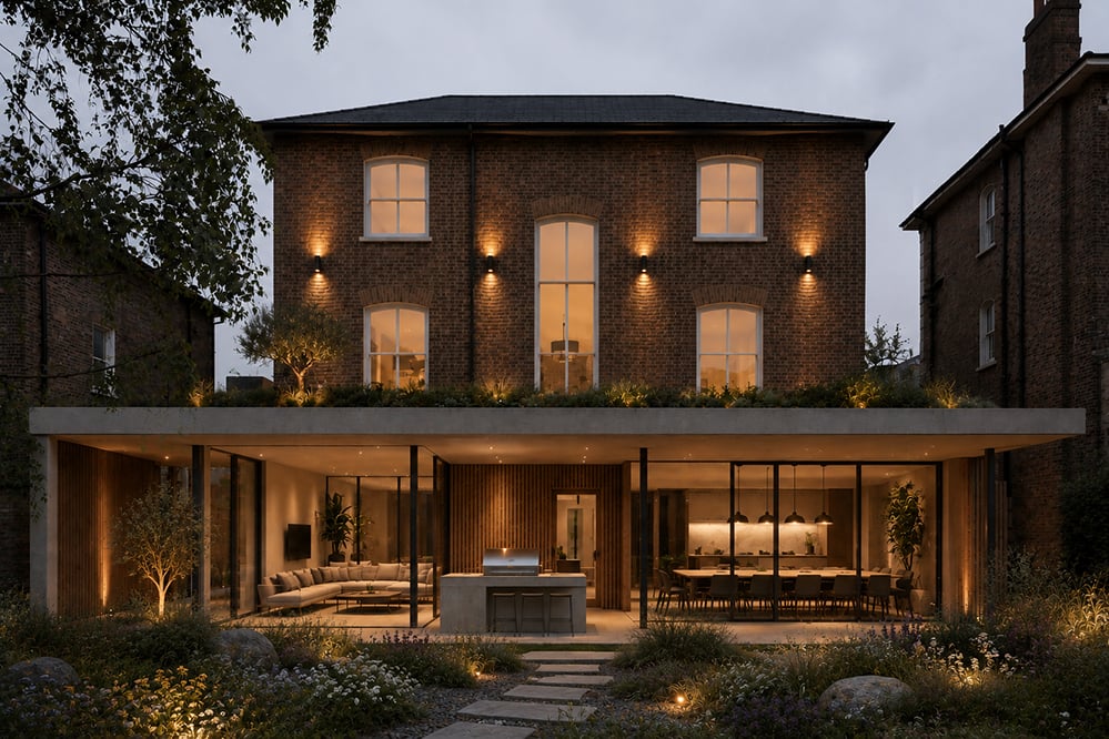 Evening architectural view of a contemporary Hampstead extension by RISE Design Studio with retained brick facade, large sliding glazing, warm lighting, timber cladding, cantilevered concrete roof, and landscaped natural garden in North London