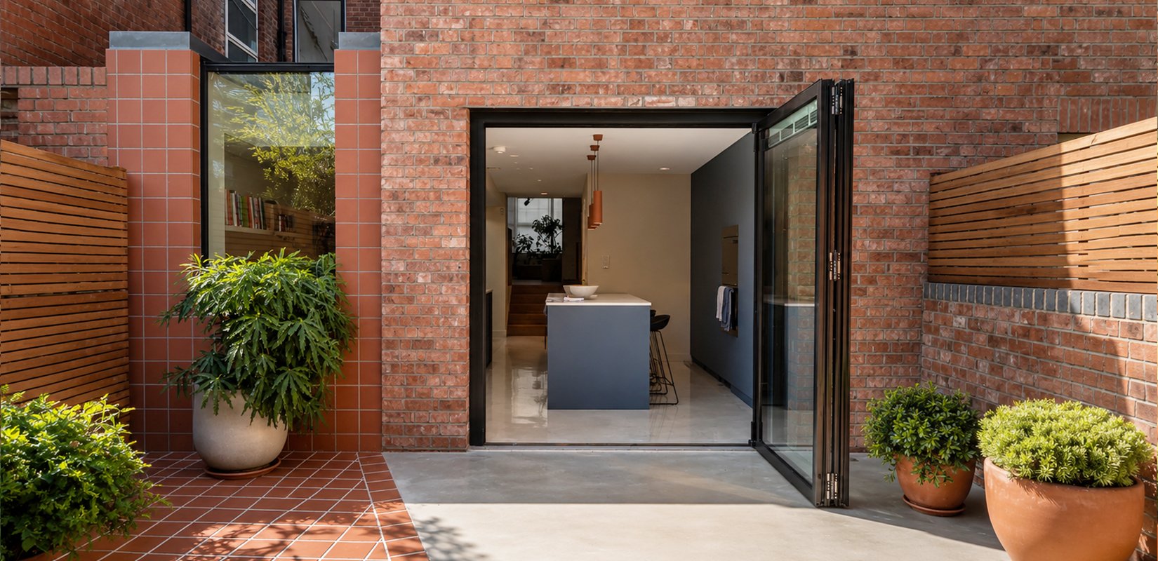 Rear elevation of Ice Cream House Hampstead showing red brick extension with open bifold doors, blue kitchen island, polished concrete floor continuing to tiled terrace, and potted plants either side.