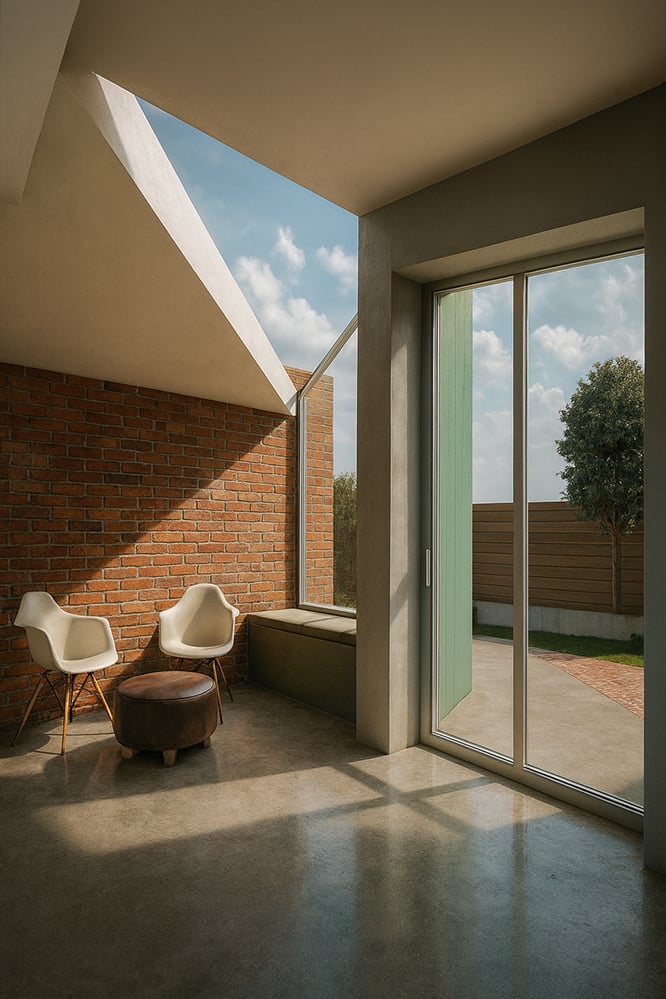 Glazed corner reading seat at Origami House with brick wall, angled ceiling and garden views. Roof geometry creates a bright, quiet space inside the copper wraparound extension.