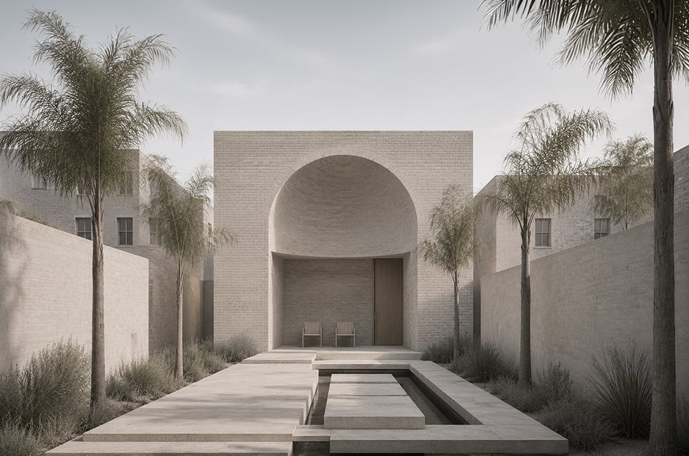 Contemporary London house with large arched stone entrance, timber pivot door, stone paved garden path, mature palm planting and two timber chairs set within a lush planted courtyard setting.