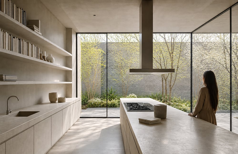 Minimalist stone kitchen with floor-to-ceiling glazing opening onto a courtyard garden, where a person stands by the island looking out