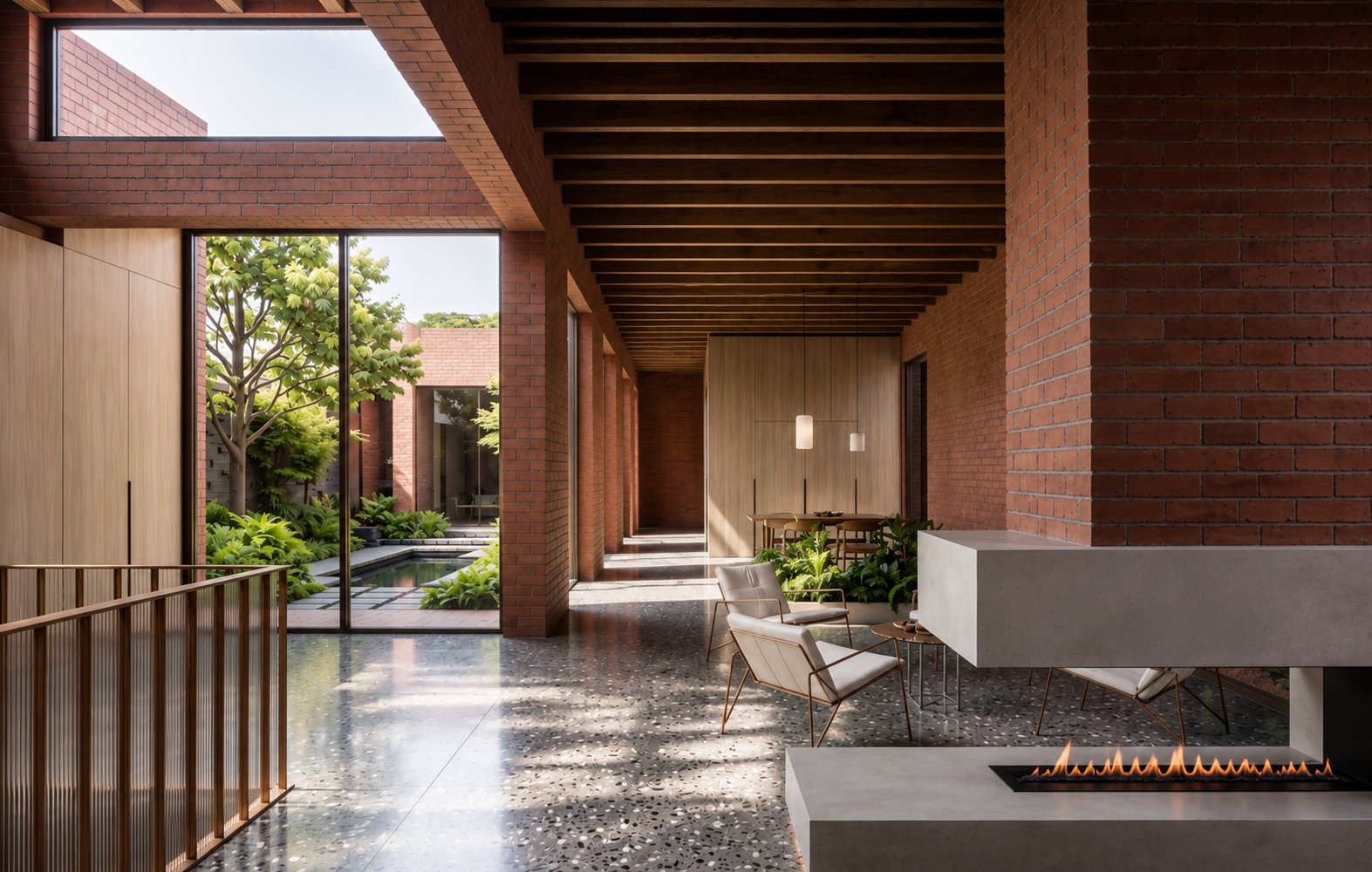 Contemporary Highgate house interior with exposed brick architecture, timber soffits, terrazzo flooring, minimalist fireplace, courtyard planting, and large glazed openings connecting indoor and outdoor living spaces.