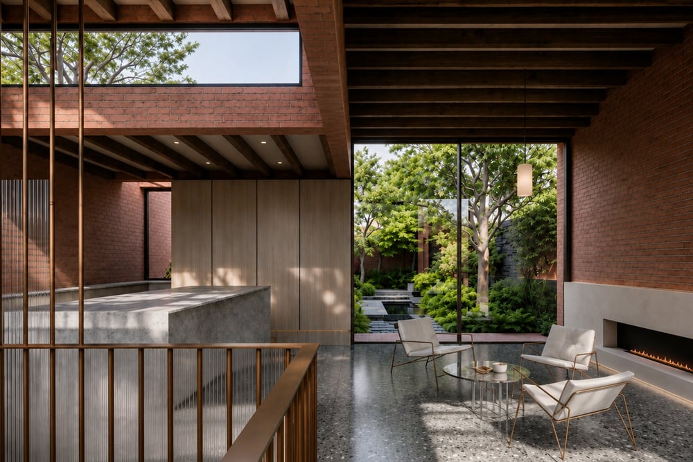 Sustainable contemporary home interior in Highgate, London featuring exposed brick walls, timber ceiling beams, polished terrazzo flooring, courtyard garden, large glazing, and low-energy architectural detailing inspired by Passivhaus design.