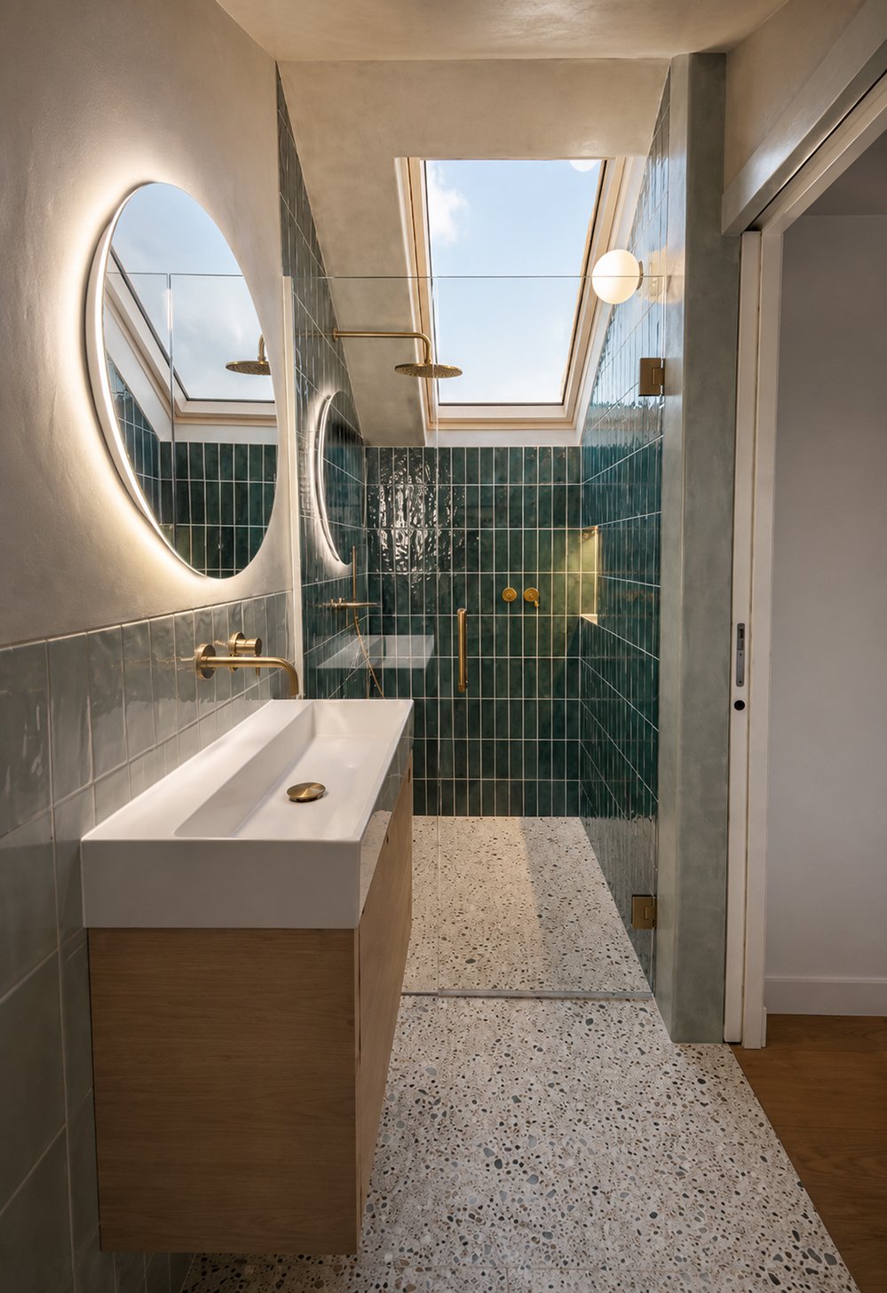 ice-cream-house-5-hampstead-ensuite-green-tile-rooflight-terrazzo-rise-design-studio