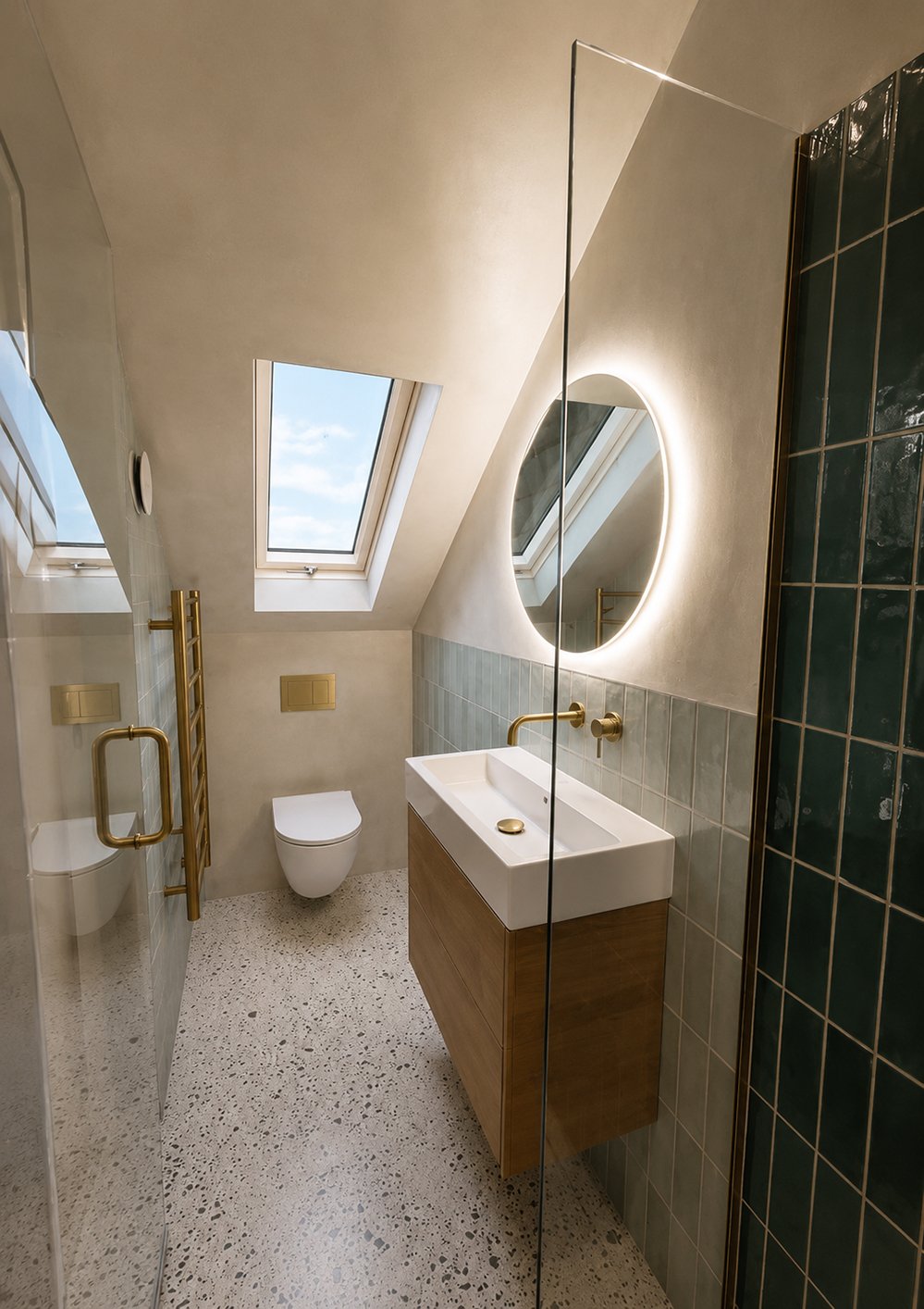 ice-cream-house-8-hampstead-loft-bathroom-rooflight-green-tile-terrazzo-rise-design-studio