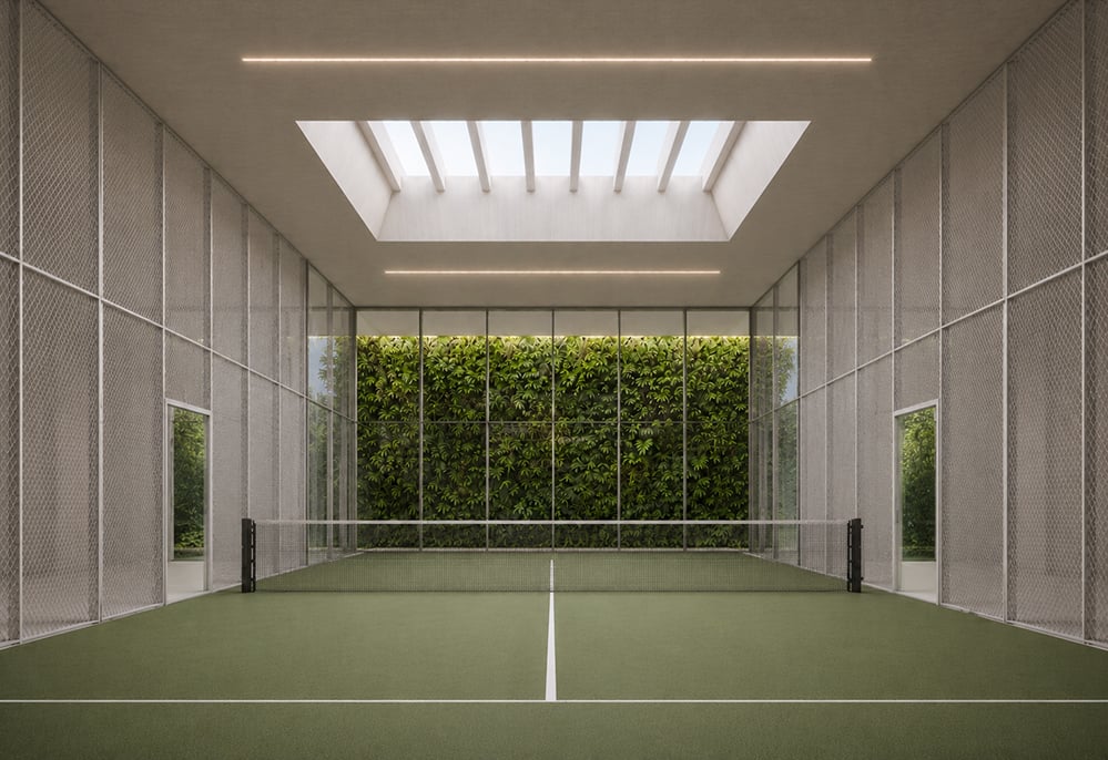 Indoor padel court concept by RISE Design Studio, with a green playing surface and net, pale mesh perimeter walls, a fully glazed end wall opening onto a planted living wall, and a large rooflight with linear ceiling lighting above.