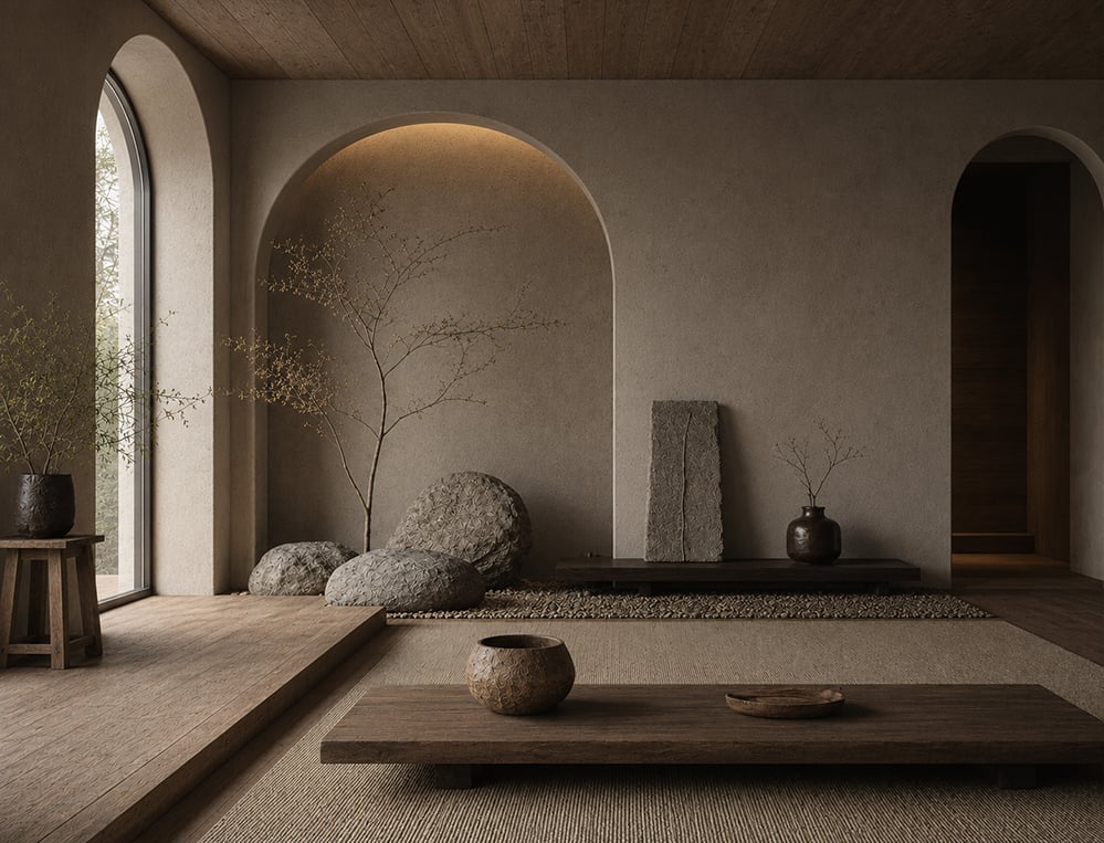 Japandi-inspired interior featuring natural timber ceilings, textured plaster walls, arched openings, woven floor coverings and carefully filtered daylight. The space combines Japanese and Scandinavian design principles with a focus on craftsmanship, natural materials and simplicity.