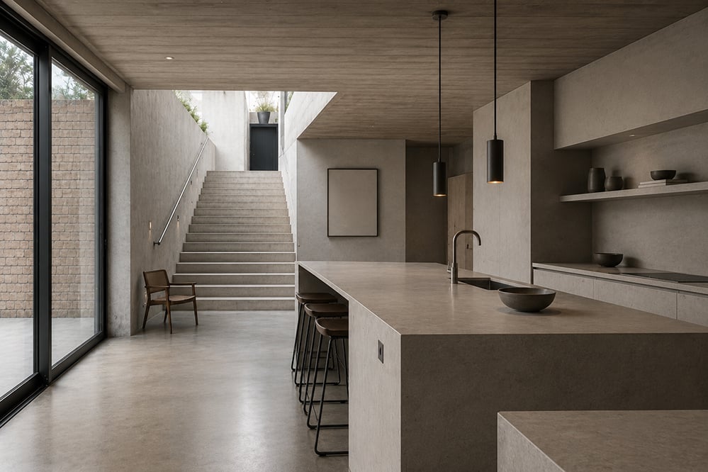 A calm basement kitchen with a large stone island and bar stools, lit by daylight from a glazed wall onto a sunken courtyard and a concrete stair rising to the garden. Board-marked concrete ceiling, polished concrete floor, open shelving with ceramics. RISE Design Studio.
