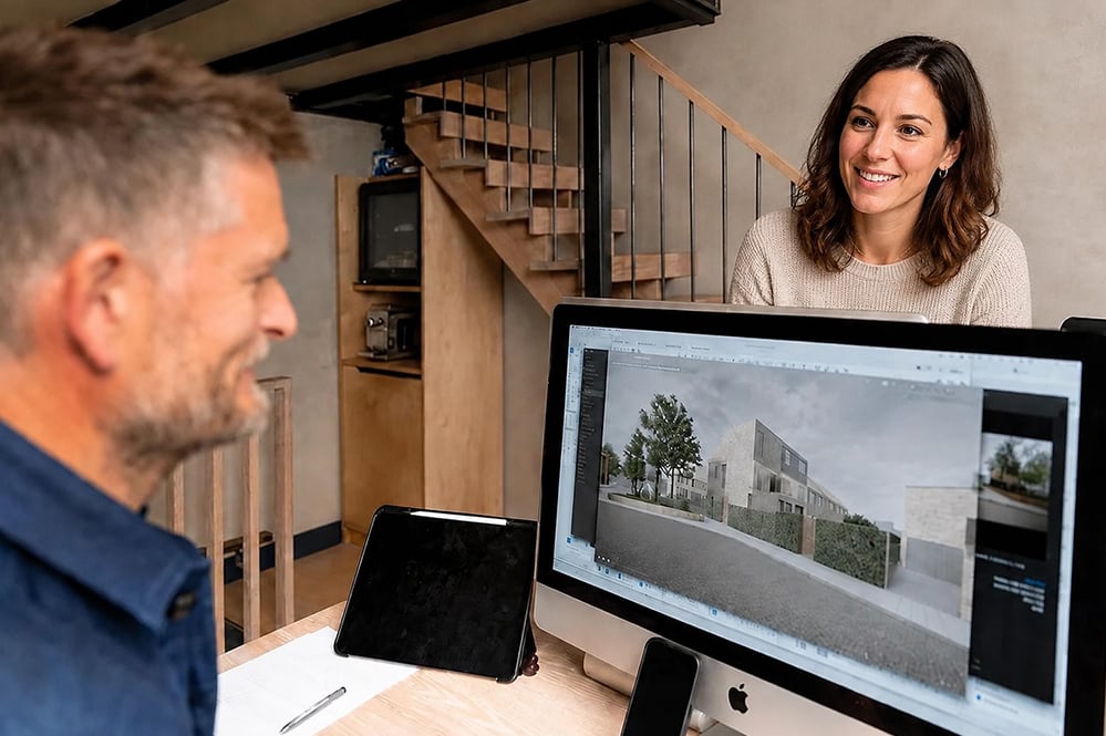 Client design review meeting with a West London architect at RISE Design Studio, discussing a contemporary residential development shown on screen. A client and architect sit in a modern timber-lined studio, reviewing architectural visualisations and design proposals using digital modelling software, BIMx.