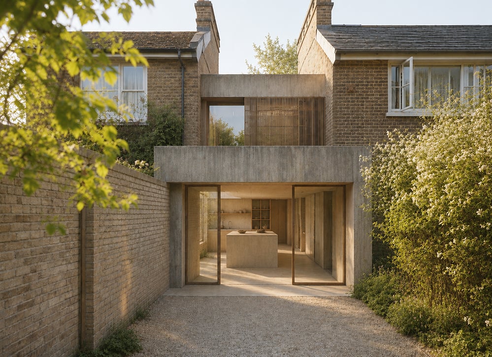 A contemporary board-marked concrete extension to a brick Victorian house, with full-height sliding glazing opening to a gravel courtyard, a timber-lined kitchen with a stone island inside, and a screened upper terrace. Climbing planting and a flowering shrub frame the view. RISE Design Studio.