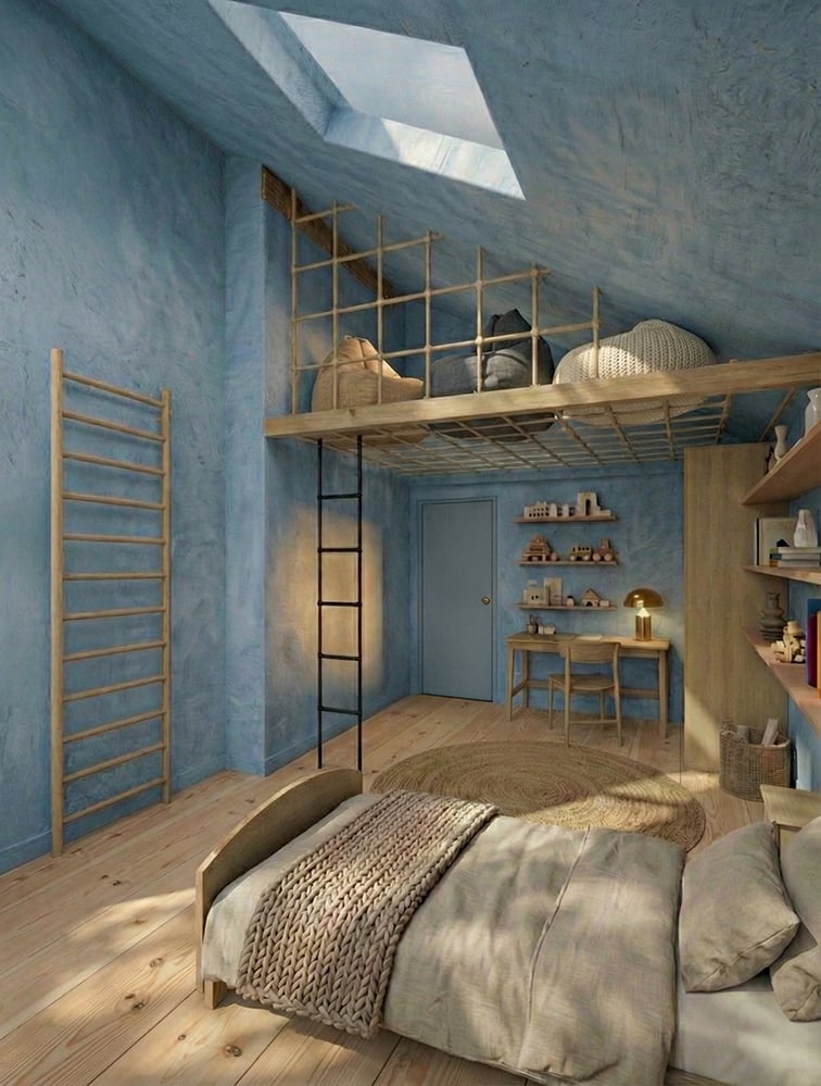 Low-energy loft bedroom in a Victorian house with a hammock mezzanine floor, angled ceilings, rooflight and natural timber finishes, designed to improve daylight, comfort and insulation.