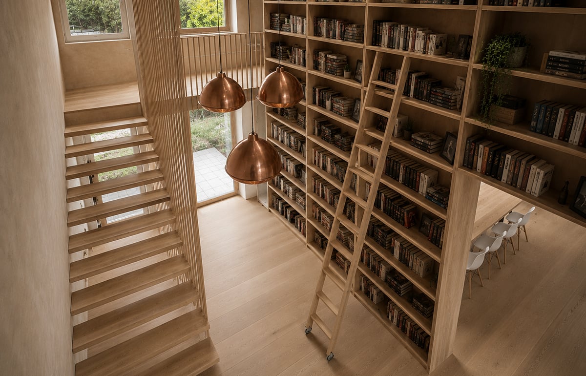 Double-height home library in a rural Passivhaus house with a full-height oak bookshelf wall, rolling ladder and open-tread timber staircase
