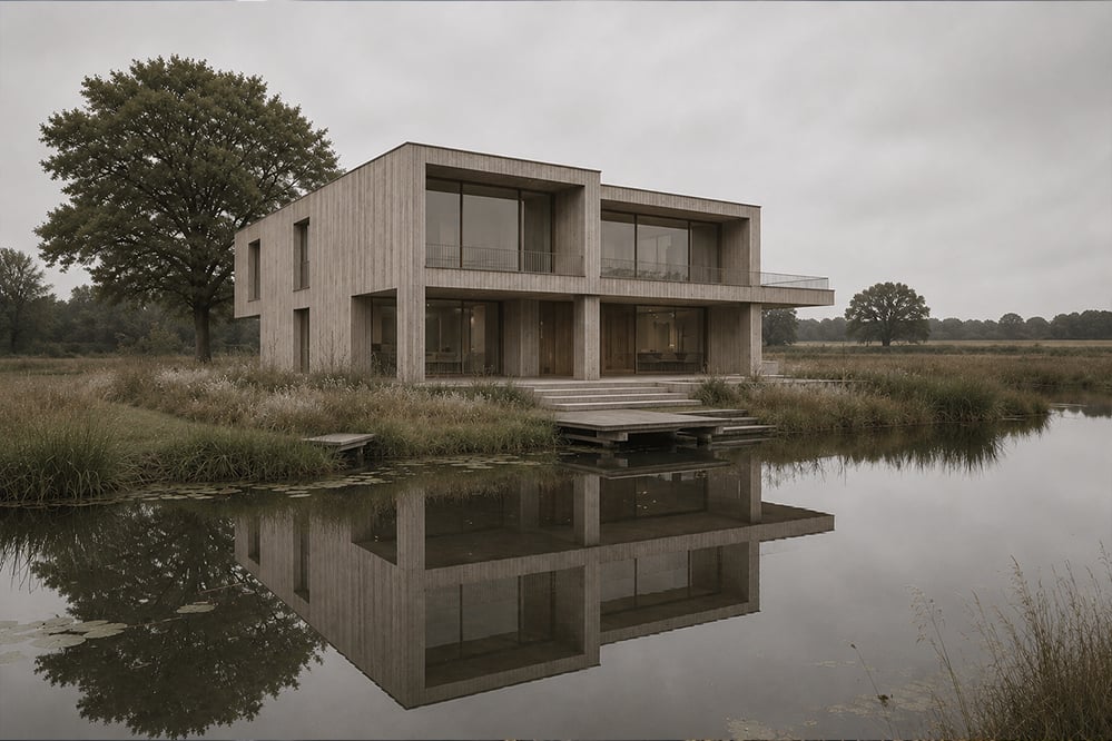 Contemporary timber-clad house overlooking a natural pond at sunset, featuring minimalist architecture, large glazed openings, sustainable design principles and reflections across the water in a rural landscape.