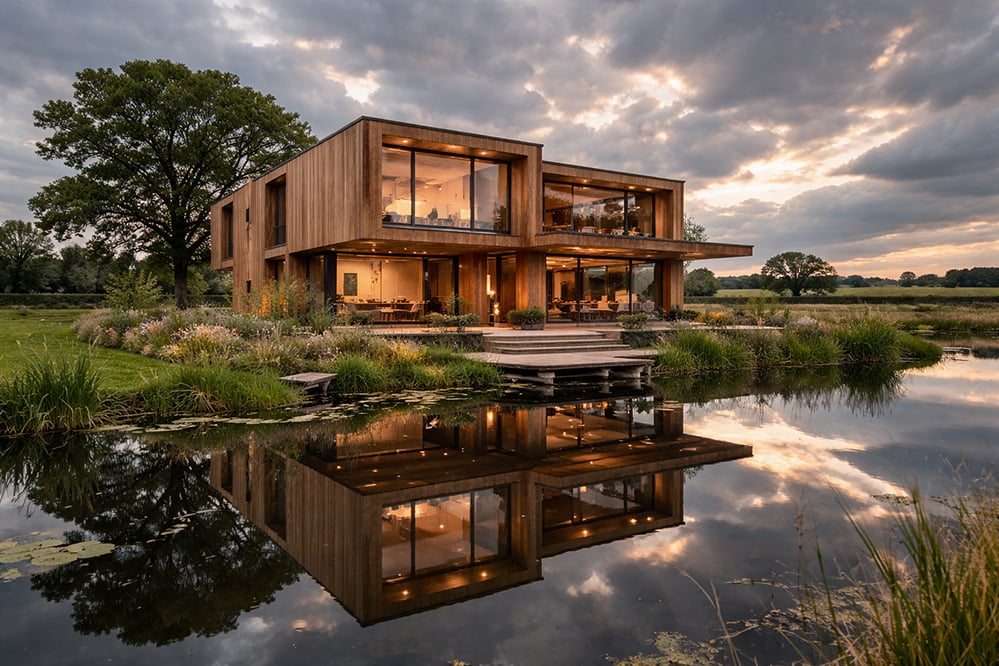 Two-storey modular timber home beside a Sussex lake at dusk, warm larch cladding reflected in still water, biophilic landscaping, designed by RISE Design Studio architects London