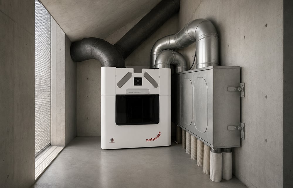 MVHR unit with insulated ductwork and an acoustic attenuator in a concrete plant space within a residential project in London