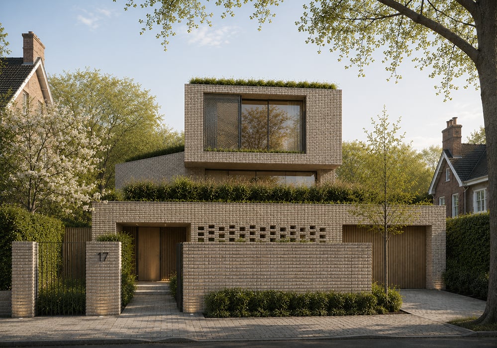Street view of a contemporary new-build house in pale grey brick, stepping back as it rises to a planted-roof upper storey, set between two period brick houses. A perforated brick screen, timber gates and a numbered gatepost front the pavement, with hedges, a young street tree and planting. RISE Design Studio.
