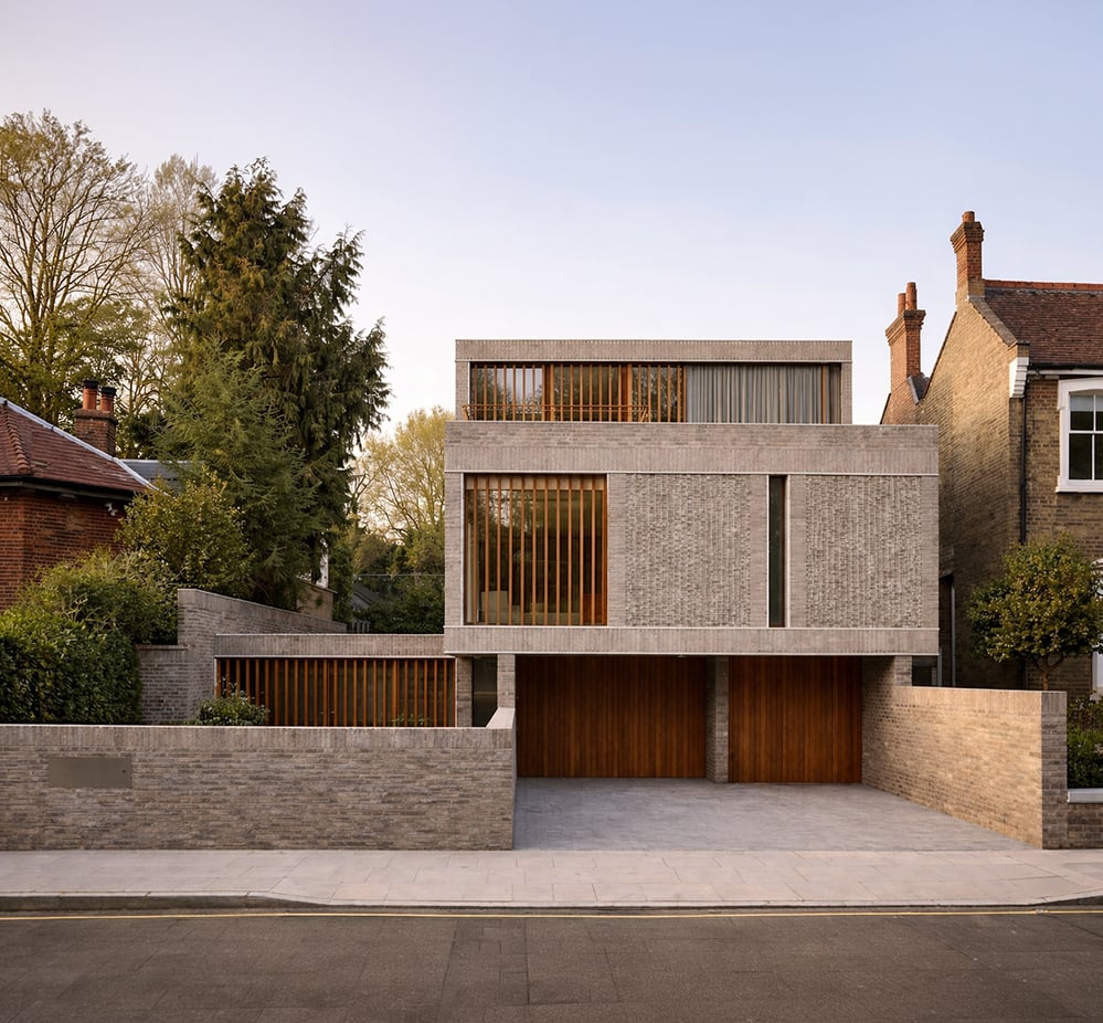 Hampstead House new build home North London, cantilevered brick upper floor, warm timber louvres, flush brickwork facade, street elevation at golden hour.