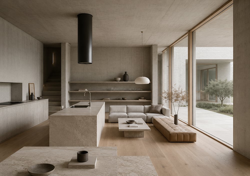 Interior of a new build house in Surrey, featuring exposed concrete ceilings, natural stone kitchen island, oak flooring, bespoke joinery and large glazed openings overlooking a landscaped courtyard.