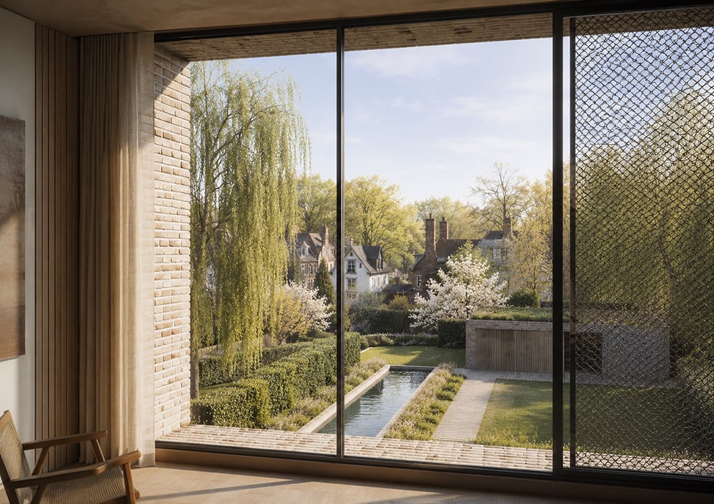Interior view through full-height black-framed glazing from a timber-floored room with a cane armchair, looking over a formal garden with a reflecting pool, clipped hedges, a willow and blossom trees, towards the pitched roofs and chimneys of neighbouring houses. RISE Design Studio.