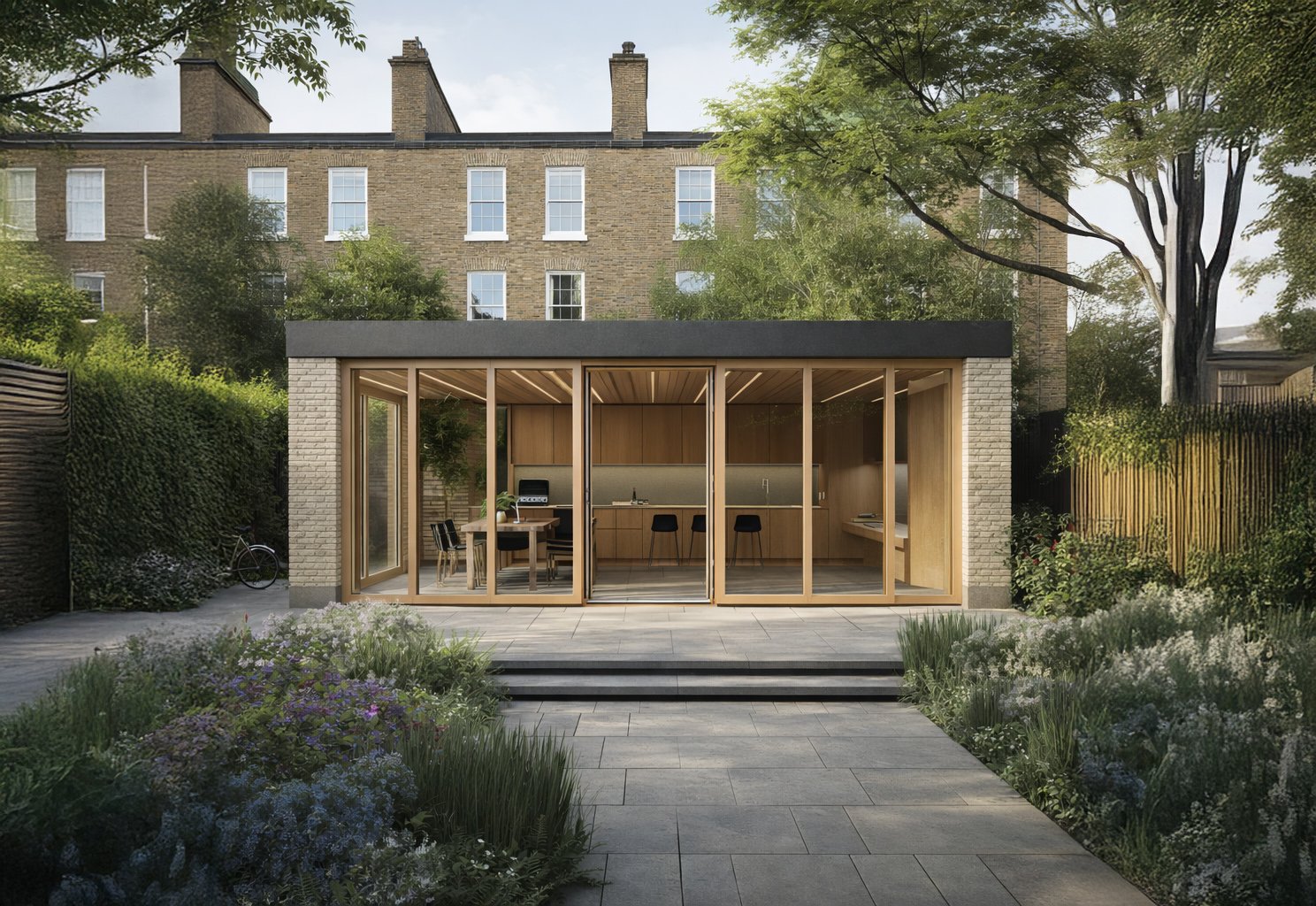 Contemporary rear extension to a Notting Hill period townhouse with full-height glazing and refined materials, designed by RISE Design Studio to balance heritage character, modern living and sustainable architecture.