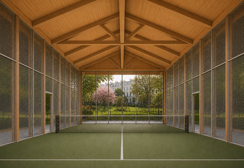 Padel court concept by RISE Design Studio in a Notting Hill garden square, with a green court and net, pale mesh walls in a timber frame, a pitched roof of exposed glulam trusses, and a glazed gable wall framing a pink cherry tree, lawn, and white stucco terraces beyond.