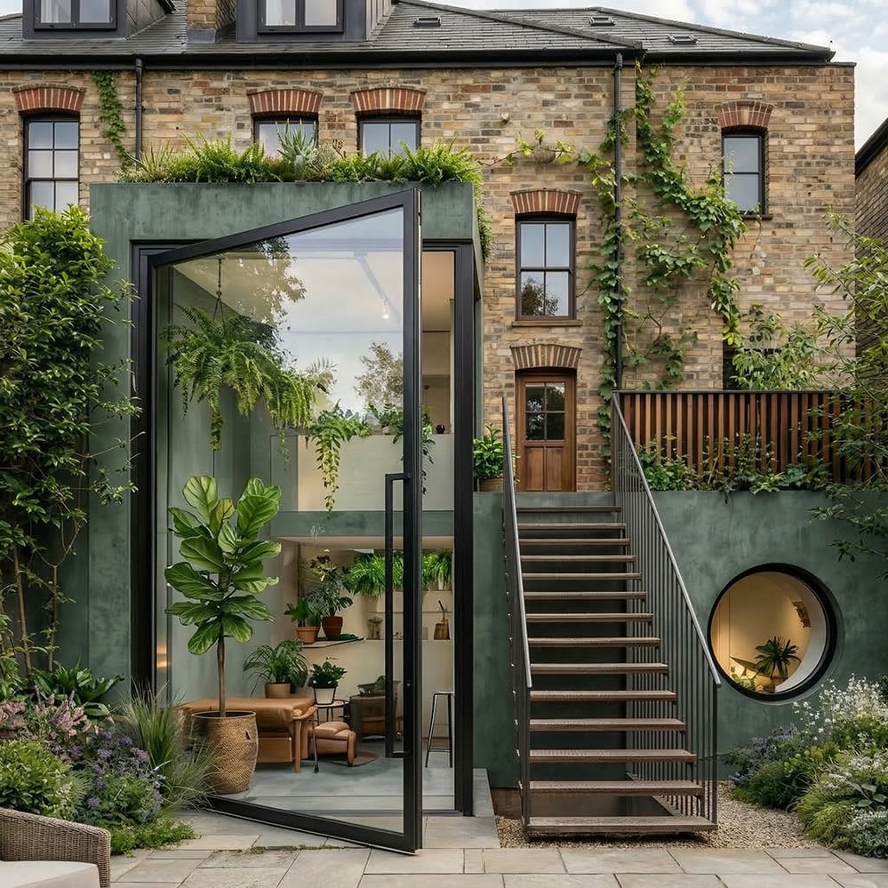 Notting Hill Victorian home EnerPHit retrofit rear extension with naturalistic garden planting, glazed volume, London sustainable architecture RISE Design Studio