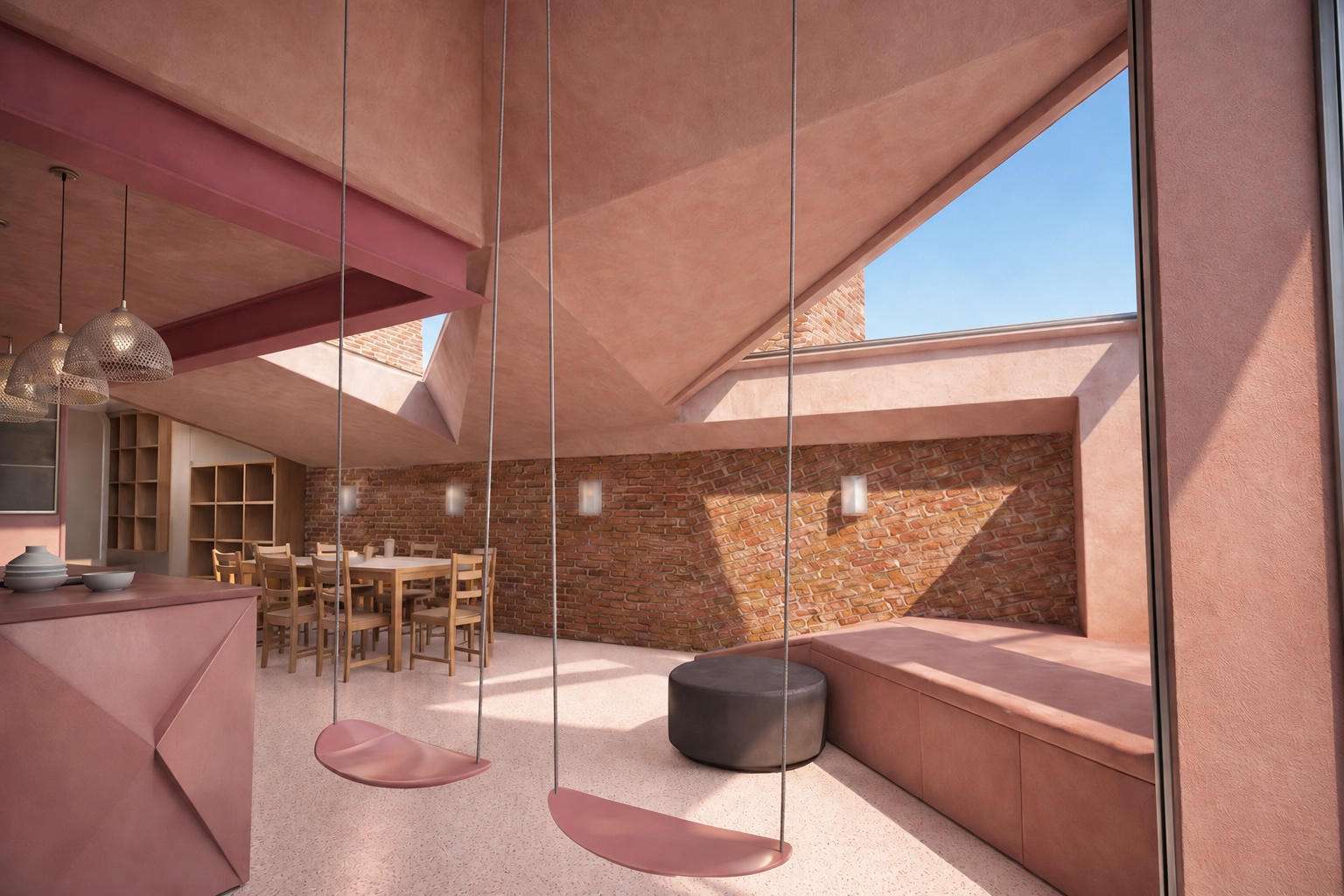 CGI of a family room with folded plastered ceilings, a rooflight, exposed brick wall, window seat and two rope swings beside a dining table