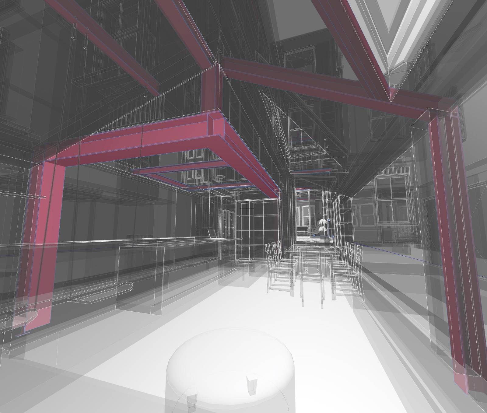 X-ray CGI of a kitchen and dining extension, showing a red steel frame beneath the outrigger and columns set back from the corner
