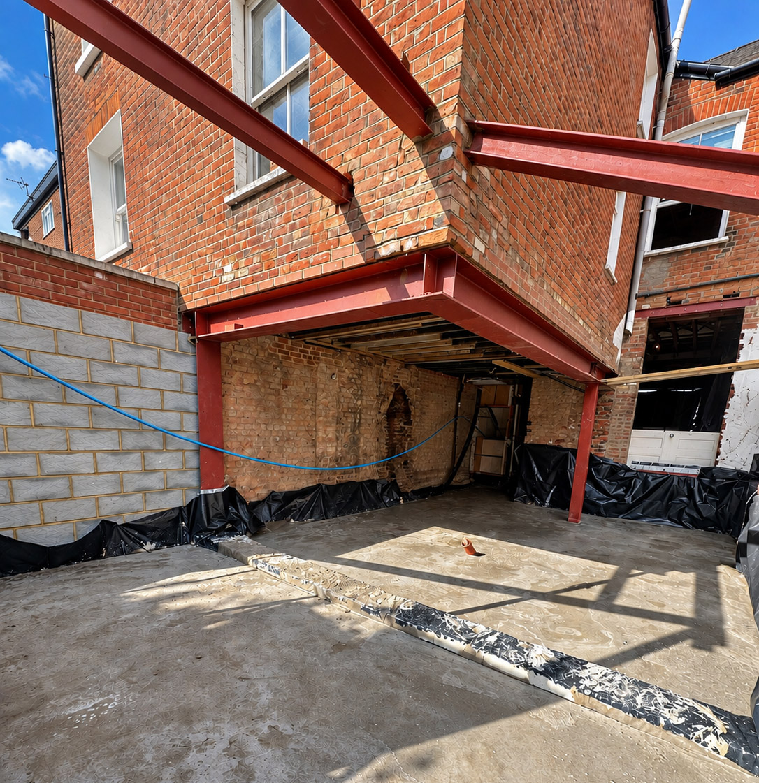 Red steel frame installed beneath the retained brick outrigger of a Victorian house, with a new concrete slab and no column at the outer corner