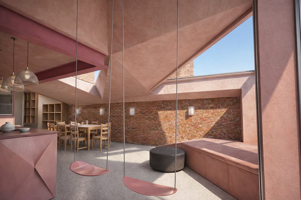 Interior of a low-energy Victorian house extension in London, featuring sculpted folded ceilings, rooflights and a playful kitchen space designed around daylight and thermal comfort.