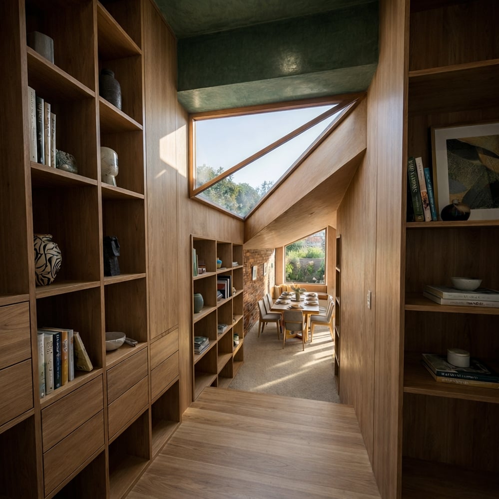 Interior of a low-energy Victorian house extension in London, showing folded rooflight geometry, bespoke timber joinery and daylight-led design connecting corridor to dining space.