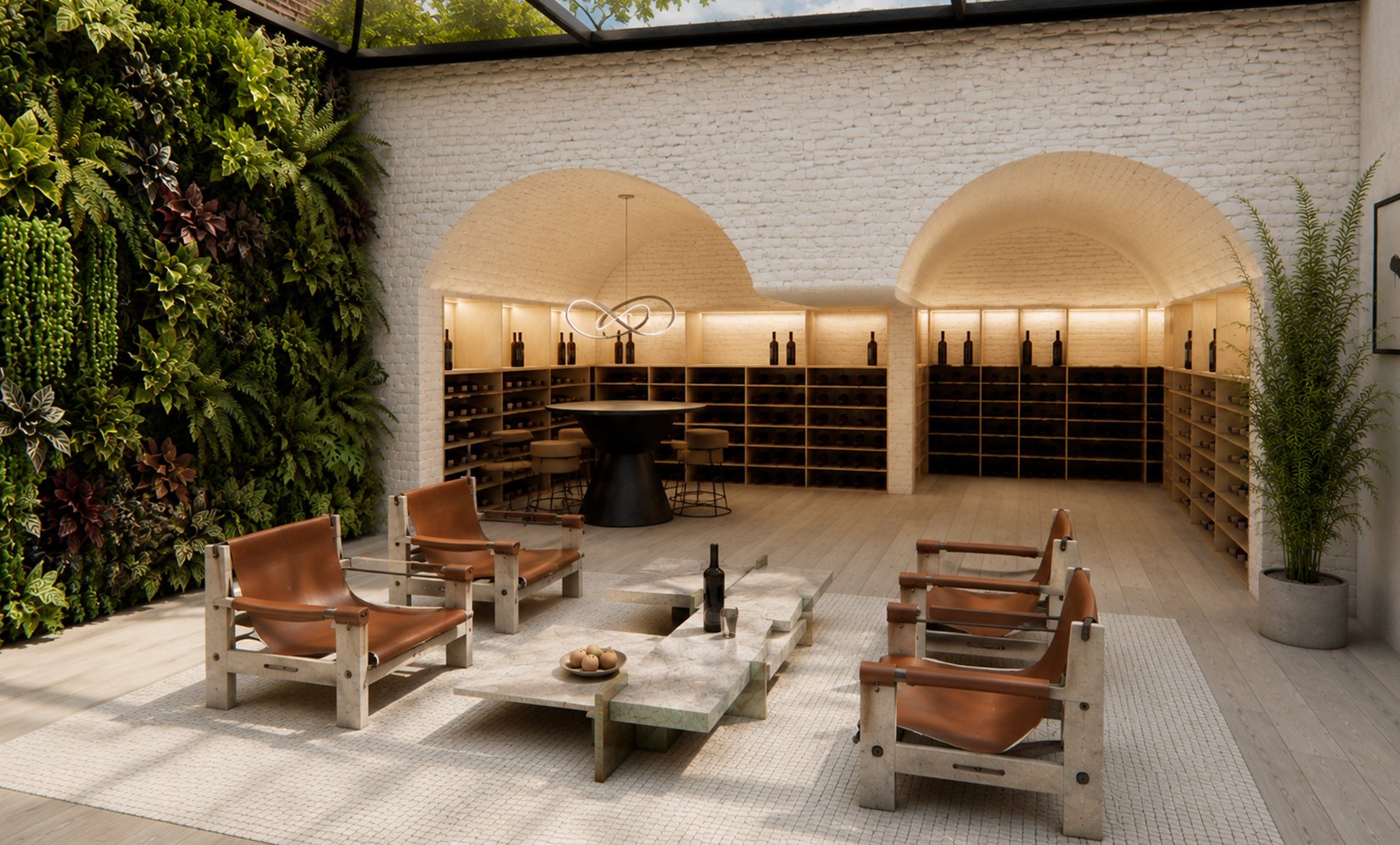 Contemporary wine tasting space designed by RISE Design Studio featuring vaulted white brick alcoves, a living green wall, natural stone furniture, and soft daylight within a sustainable Paddington retrofit project.
