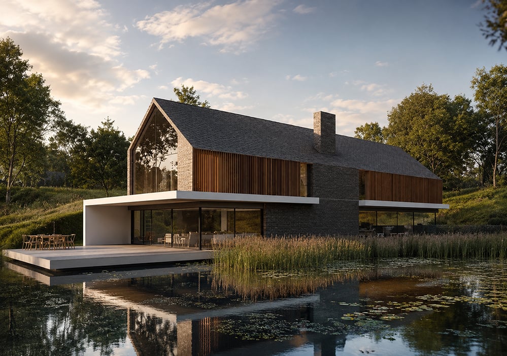 Contemporary Paragraph 84 countryside home beside a reflective natural pond, featuring timber cladding, expansive glazing and low-energy architecture integrated into the English woodland landscape.